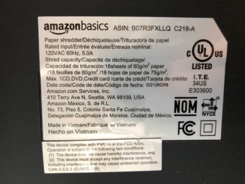 Photo 4 of ***PARTS ONLY*** Amazon Basics 18-Sheet Cross-Cut Paper, CD, and Credit Card Shredder
