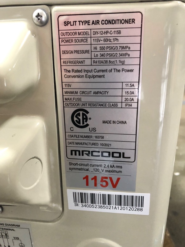 Photo 7 of (AIR COOLER SALE ONLY; MISSING OTHER LARGE MACHINE AND COMPONENTS; DAMAGED BACK GRILL)
MRCOOL - DIY-12-HP-115B25 DIY 12k BTU 22 SEER Ductless Heat Pump Split System 3rd Generation - Energy Star 120v (DIY-12-HP-115B)
