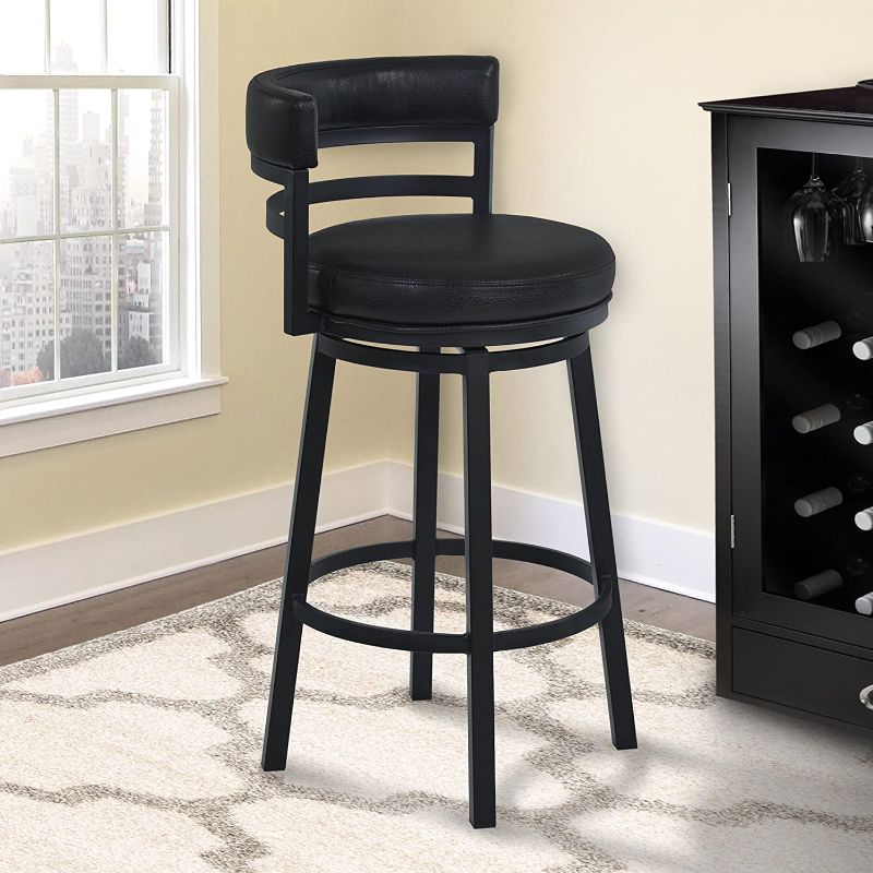 Photo 1 of (MISSING HARDWARE)
Armen Living Madrid 30" Bar Height Swivel Barstool in Ford Black Faux Leather and Black Metal Finish
