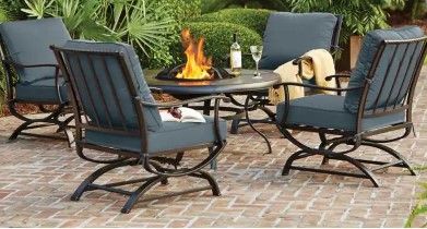 Photo 1 of *TABLE ONLY* BOX 2 OF 2 
Redwood Valley Black 5-Piece Steel Outdoor Patio Fire Pit Seating Set with Sunbrella Denim Blue Cushions
