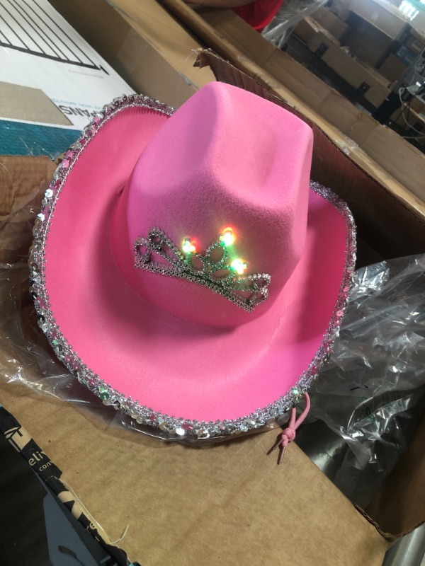 Photo 2 of ArtCreativity Light-Up Pink Cowboy Hat for Girls - Sparkly Cowgirl Hat with Sequins and a Dazzling LED Tiara - Cute Cowgirl Birthday Party Hat for Girls - Fun Shiny Cowgirl Costume Accessory
