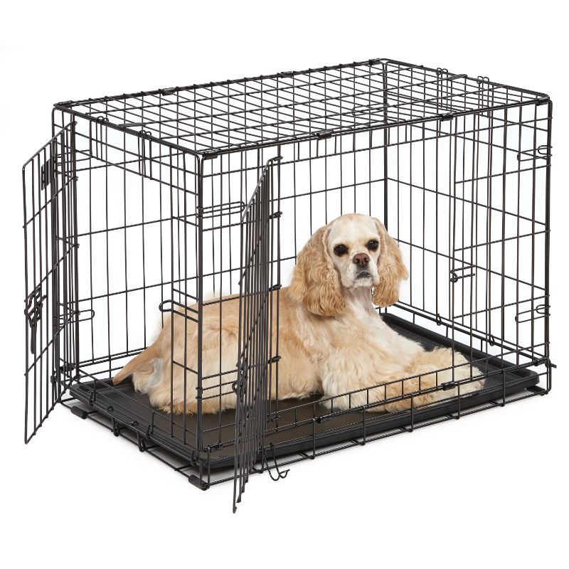 Photo 1 of Dog Crate MidWest ICrate 30 Inch Double Door Folding Metal Dog Crate w/ Divider Panel, Floor Protecting Feet & Leak Proof Dog Tray 30L x 19W x 21H Inches, Medium Dog Breed, Black