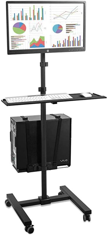 Photo 1 of Mount-It! Rolling Computer Cart, Mobile Workstation with Tray Monitor Mount and CPU Holder, Height Adjustable and Mobile Stand for Office and Industrial Use
