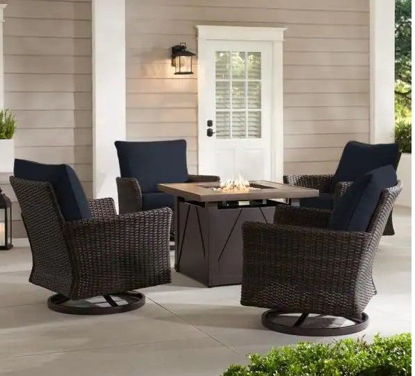 Photo 1 of **INCOMPLETE*** Hampton Bay Lakeline 5-Piece Brown Metal Outdoor Patio Fire Pit Swivel Seating Set with CushionGuard Midnight Navy Blue Cushions