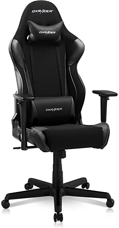 Photo 1 of DXRacer OH/RAA106 Racing Series Adjustable Ergonomic Computer Gaming Home Office Leather Desk Chair with Lumbar Support, Swivel Base, Wheels, and Headrest, Standard, Black
