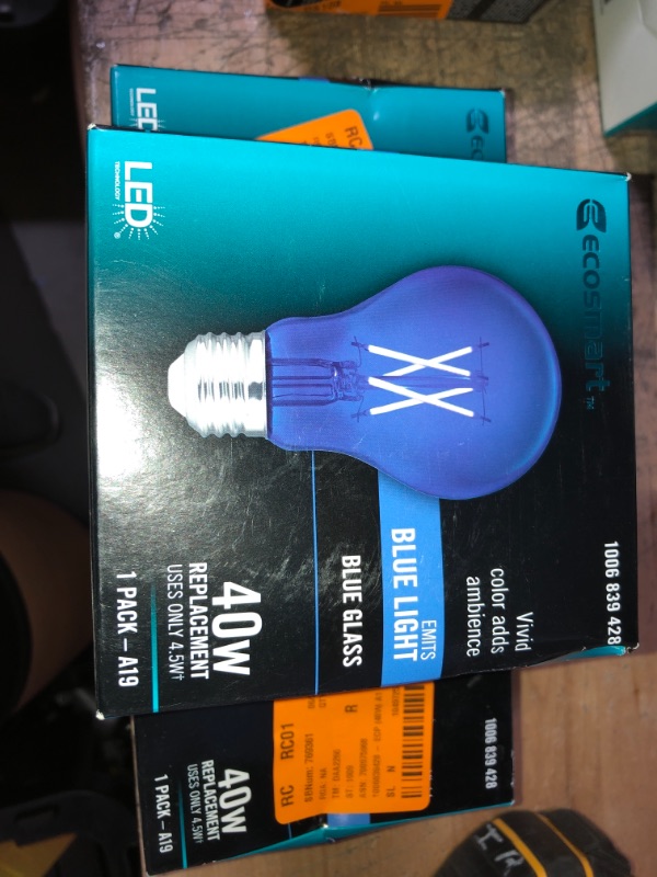 Photo 2 of 3 PACK - EcoSmart
40-Watt Equivalent A19 Dimmable Filament Blue Colored Glass LED Light Bulb (1-Pack) 