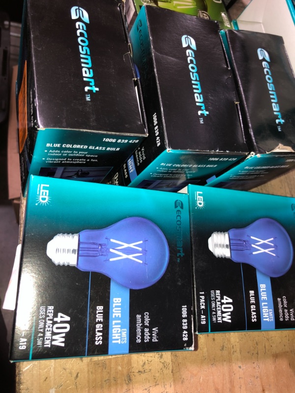 Photo 2 of 5 PACK EcoSmart
40-Watt Equivalent A19 Dimmable Filament Blue Colored Glass LED Light Bulb (1-Pack)