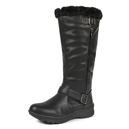 Photo 1 of DREAM PAIRS Rabbit Women's Lady Winter Fully Fur Lined Double Buckle Ruched Snow Knee High Boots Black PU Black Size 8
