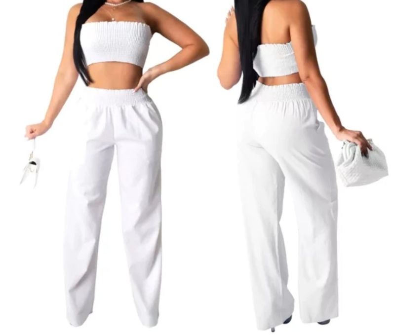 Photo 1 of Breathable Polyester, 2 Piece Set - Vacation Ready, Smocked Elastic Waistband & Top, Strapless, Wide Legs, High Waist