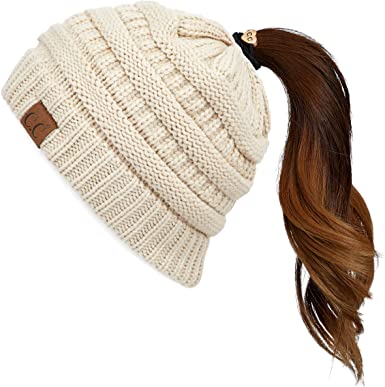 Photo 1 of C.C Exclusives Soft Stretch Cable Knit Messy Bun Ponytail Beanie Winter Hat for Women