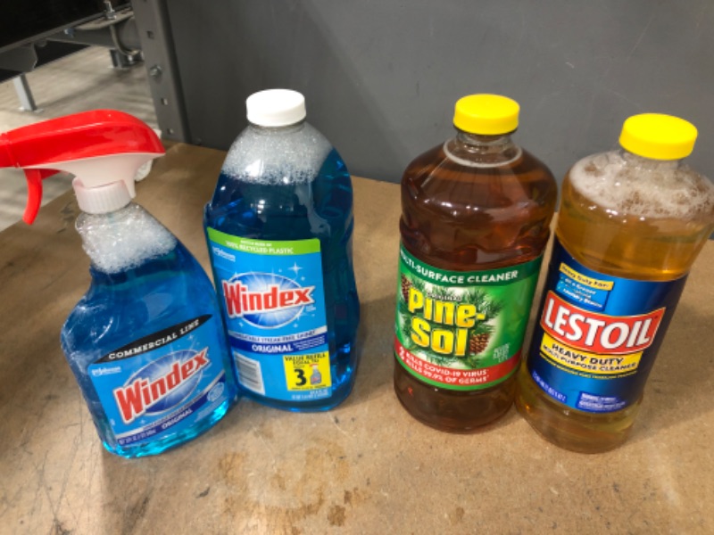 Photo 1 of ***CLEANING BUNDLE*** SOLD AS IS*** NO REFUNDS*** NO RETURNS***60oz Regular Pine Sol AND 
Lestoil 48 Oz. Concentrated Heavy Duty Multi-Purpose Cleaner AND
Windex Original No Scent Glass Cleaner 32 Oz. Liquid AND 
Windex
67.6 oz. Original Glass Cleaner Ref