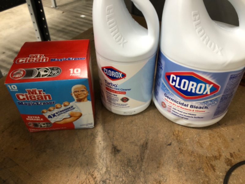 Photo 1 of ***CLEANING BUNDLE*** SOLD AS IS*** NO REFUNDS*** NO RETURNS***Clorox Germicidal Bleach - Concentrate Liquid - 121 Fl Oz AND
Clorox Turbo Disinfectant Cleaner for Sprayer Devices, 64 Fl Oz AND
Mr. Clean
Extra-Durable Magic Eraser Cleaning Sponge with Dura