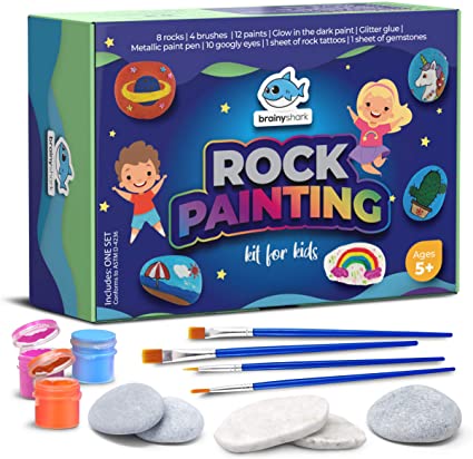 Photo 1 of Brainy Shark Rock Painting Kit for Kids - 8 Rocks, 12 Paints, 4 Brushes, Googly Eyes, Metallic Paint Pen, Glitter Glue, Tattoo & Gem Stickers