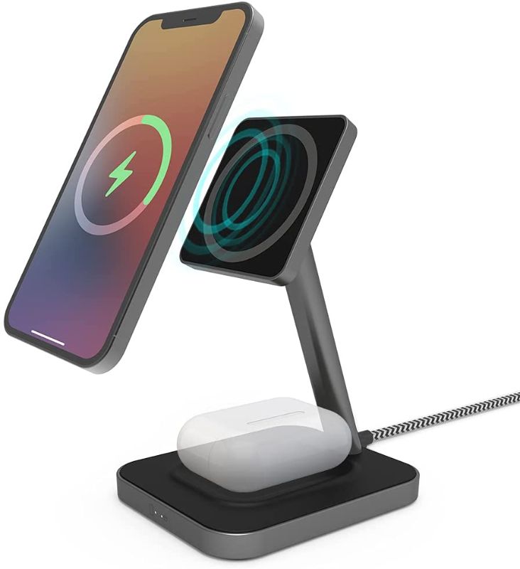 Photo 1 of 2-in-1 Magnetic Wireless Charger Station, 15W Fast Wireless Charging Stand for iPhone 13/12, 13/12 Pro, 13/12 Pro Max, 13/12 Mini and AirPods Pro/2(Dark Gray)
