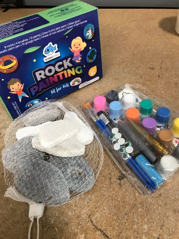 Photo 2 of Brainy Shark Rock Painting Kit for Kids - Children's Arts and Crafts Set - 8 Rocks, 12 Paints, 4 Brushes, Googly Eyes, Metallic Paint Pen, Glitter Glue, Tattoo & Gem Stickers - Gift for Boys & Girls
