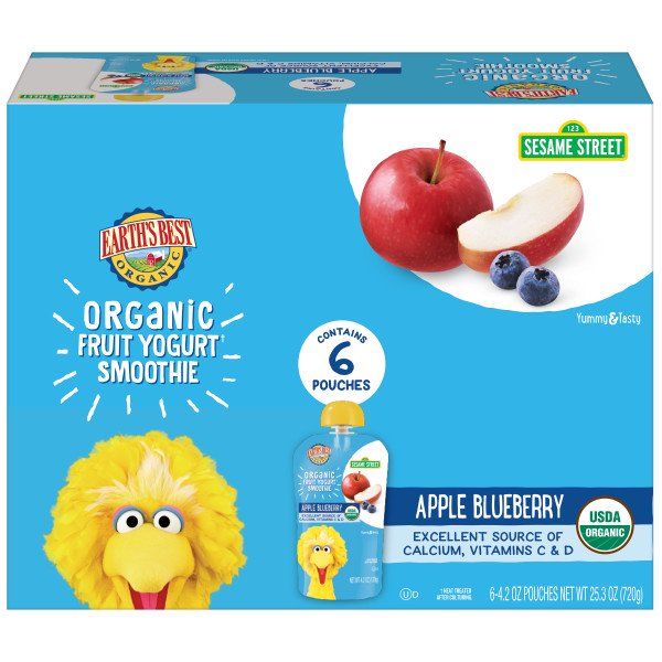 Photo 1 of Earth's Best Organic Sesame Street Fruit Yogurt Smoothie, Apple Blueberry, 4.2 oz Pouch, 6 Pack (3 COUNT)
 