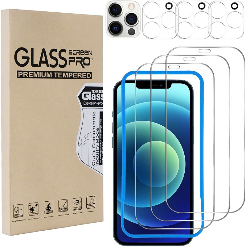 Photo 1 of [3+3 Pack] Tempered Glass Screen Protectors and Camera Lens Protector for iPhone 12 Pro Max 6.7 inch, [Anti-Scratch], [9H Hardness], [Anti-Fingerprint], [Easy Install], [Bubble Free], [Ultra-Thin] (2 COUNT) **ONE PACK IS MISSING SOME ACCESSORIES**
