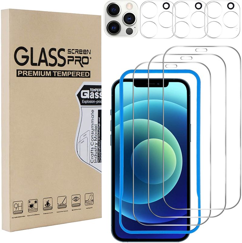 Photo 1 of [3+3 Pack] Tempered Glass Screen Protectors and Camera Lens Protector for iPhone 12 Pro Max 6.7 inch, [Anti-Scratch], [9H Hardness], [Anti-Fingerprint], [Easy Install], [Bubble Free], [Ultra-Thin] (2 COUNT)
