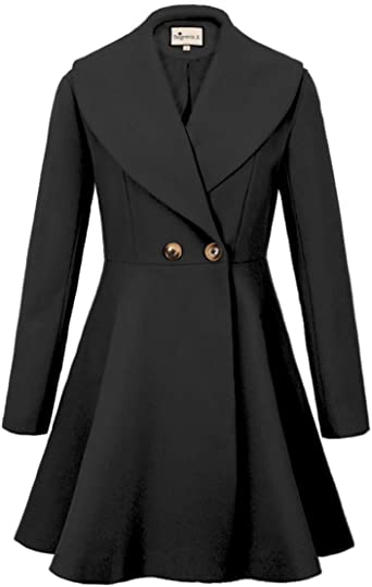 Photo 1 of Begonia.K Women's Wool Trench Coat Lapel Wrap Swing Winter Long Overcoat Jacket (Black) 