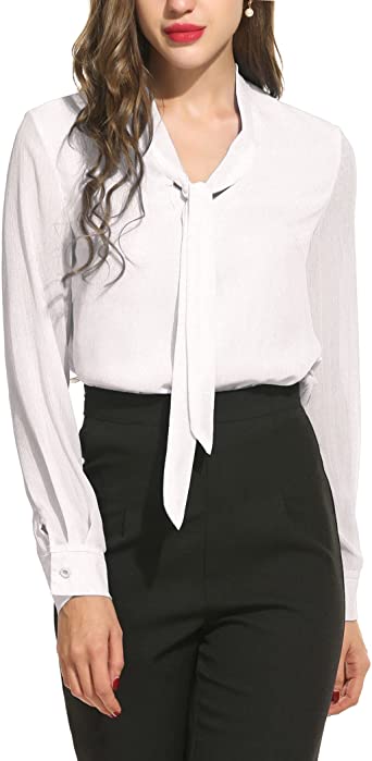 Photo 1 of ACEVOG Womens Bow Tie Neck Long Sleeve Casual Office Work Chiffon Blouse Shirts Tops (Small)
