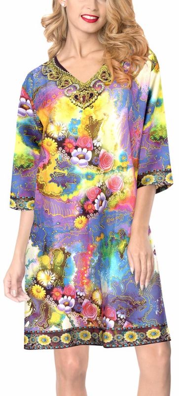 Photo 1 of LA LEELA Women Long Sleeve Print Bohemian Mini Dress