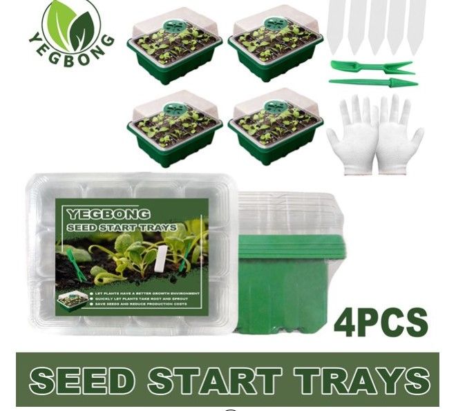 Photo 1 of 4-Pack Seed Starter Tray Seedling Starter Kits,Plant Starter Kit with Humidity Domes for Seeds Growing Starting-12 Cells per Tray
