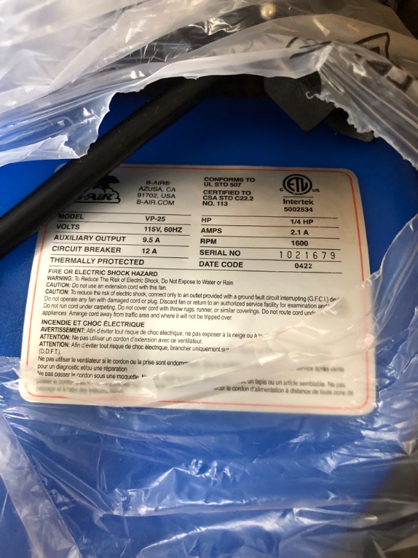 Photo 4 of B-Air VP-25 1/4 HP Air Mover for Water Damage Restoration Carpet Dryer Floor Blower Fan Home and Plumbing Use Blue
