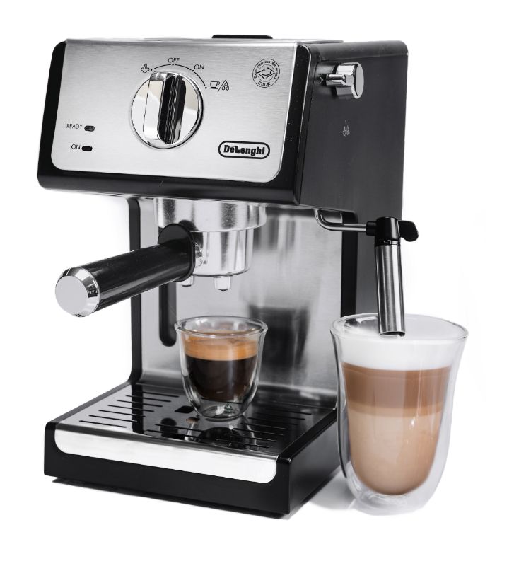 Photo 1 of DeLonghi 15-Bar Black Stainless Steel Espresso Machine and Cappuccino Maker with Manual Frother, Black and Stainless Steel
