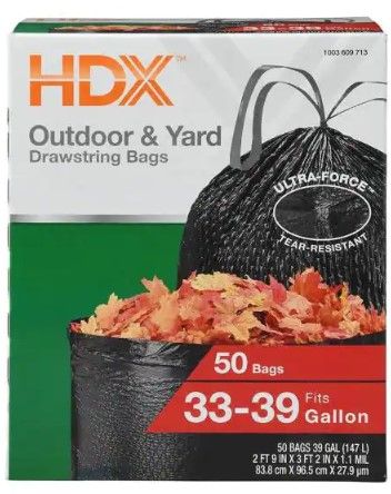 Photo 1 of 33-39 Gal. Black Heavy Duty Drawstring Trash Bags (50-Count) - For Outdoor and Yard Waste
