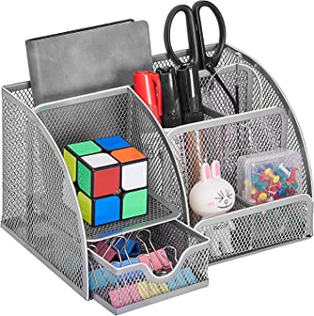 Photo 1 of TWO PACK: Coavas Desk Organizer Desktop Office Supplies Organizer With 6 Compartments , Space Saving Mesh Desk Organizer With Pencil Holder And Storage Box With Drawer for Desktop Accessories, silver
