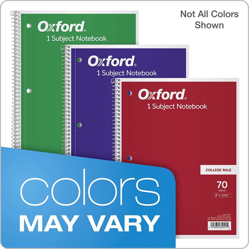 Photo 1 of 9 Oxford Spiral Notebook, 1-Subject, College Ruled Paper, 70 Sheets, Color May Vary, 1/Notebook
