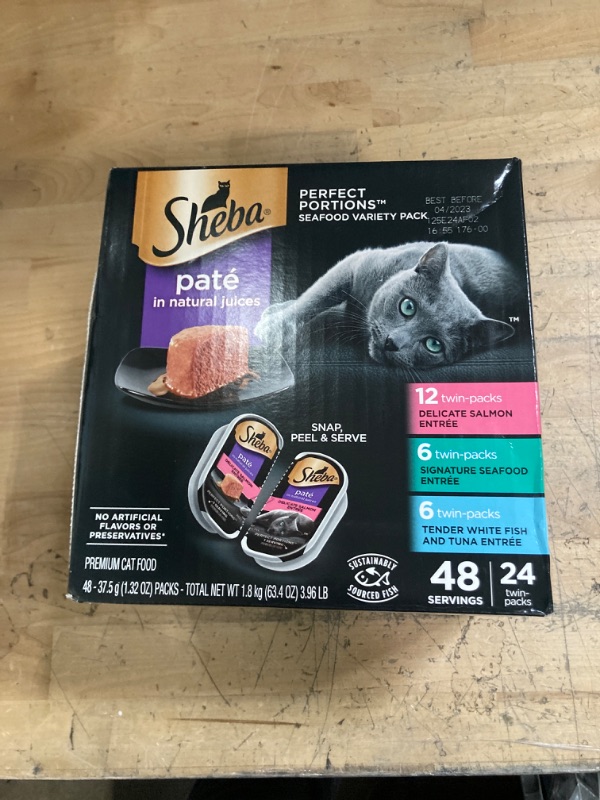 Photo 2 of **NON-REFUNDABLE** EXP: 04/23 SHEBA Wet Cat Food Pate Variety Pack, Signature Seafood, Delicate Salmon and Tender Whitefish & Tuna Entrees, 2.6 oz. PERFECT PORTIONS Twin-Pack Trays

