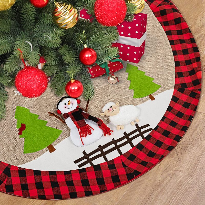 Photo 1 of `Christmas Burlap Tree Skirt, 48 Inch Snowman Tree Skirt, Xmas Plush Tree Mat for Holiday Party Indoor Decorations
