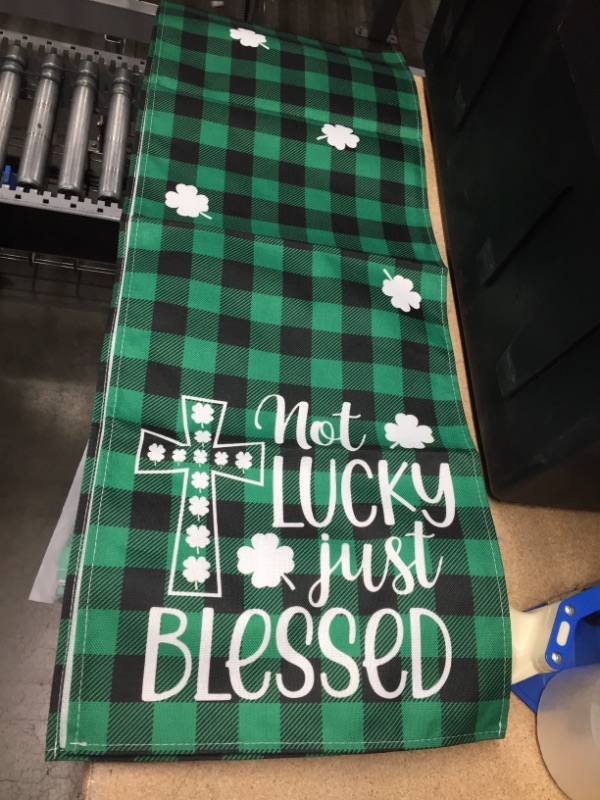 Photo 2 of 4 PACKS 
WHOMEAF St Patricks Day Cross Table Runner Not Lucky Just Blessed Table Runner Buffalo Plaid Green Shamrock Clover Spring Holiday Kitchen Dining Table Decoration for Home Party Decor 13 x 72 Inch
