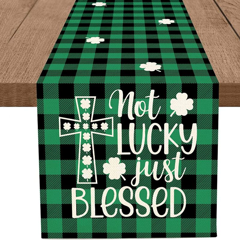 Photo 1 of 4 PACKS 
WHOMEAF St Patricks Day Cross Table Runner Not Lucky Just Blessed Table Runner Buffalo Plaid Green Shamrock Clover Spring Holiday Kitchen Dining Table Decoration for Home Party Decor 13 x 72 Inch
