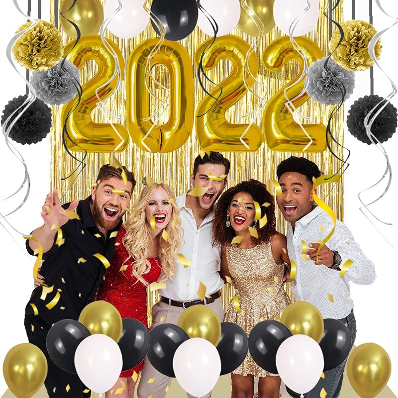 Photo 1 of ** SETS OF 2 **
Graduation 2022 Party Supplies Black, Gold Happy Large Balloons Decorations Photo Backdrop and New Years Decor Accessories Kit Golden Fringe Curtain Glitter Banner with Pompoms Ornament Senior College
