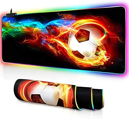 Photo 1 of Varsamp RGB Gaming Mouse Pad Mat Extended Soft Large XXL Led Extra Computer Keyboard Desk Pad Mat Anti-Slip Rubber Base Stitched Edges 14 Lighting Modes 2 Brightness Ergonomic Flame Soccer Mouse Pad
