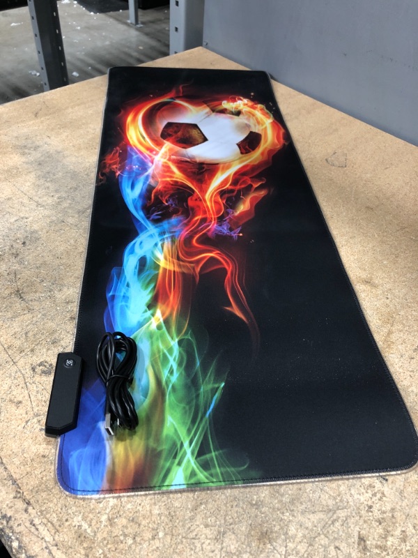 Photo 2 of Varsamp RGB Gaming Mouse Pad Mat Extended Soft Large XXL Led Extra Computer Keyboard Desk Pad Mat Anti-Slip Rubber Base Stitched Edges 14 Lighting Modes 2 Brightness Ergonomic Flame Soccer Mouse Pad
