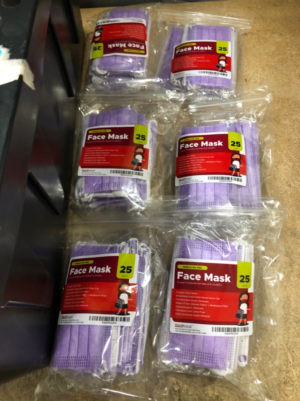 Photo 1 of 6 PACK: DermSource MADE IN USA - Kids 3-Layer Disposable Face Masks - 25 pcs Breathable Face Covering for Boys and Girls
