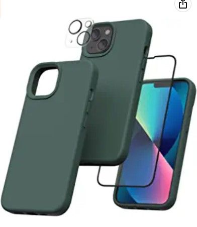 Photo 1 of POVRYE [3 in 1] Designed for iPhone 13 Case 6.1 Inch, with 1 Pack Screen Protector + 1 Pack Camera Lens Protector, Soft Liquid Silicone Ultra Slim Shockproof Cover Case [Anti-Scratch], Midnight Green
