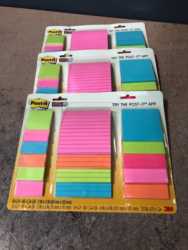 Photo 2 of ** SETS OF 3 **
Post-it Super Sticky Notes, Assorted Sizes, 15 Pads, 2x the Sticking Power, Miami Collection, Neon Colors (Orange, Pink, Blue, Green), Recyclable (4423-15SSMIA)
