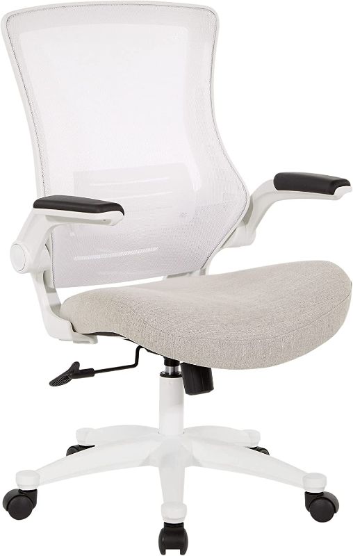 Photo 1 of Office Star Screen Back Manager's Office Chair with Padded Flip Arms with White Nylon Base, Linen Stone Fabric
