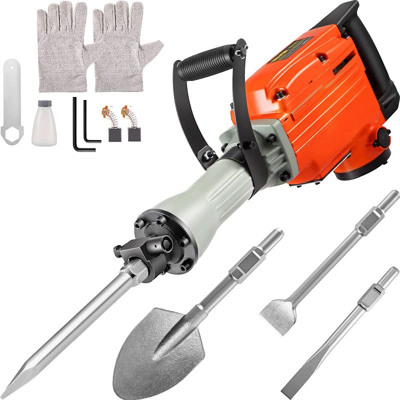 Photo 1 of  Demolition Jack Hammer, 2200W Electric Demolition Jack Hammer w/ 4 Bits clay spade chisel & scraping chisel & flat chisel & pointed chisel, 1400 RPM Concrete Breaker, 360° ROTARY Electric Hammer