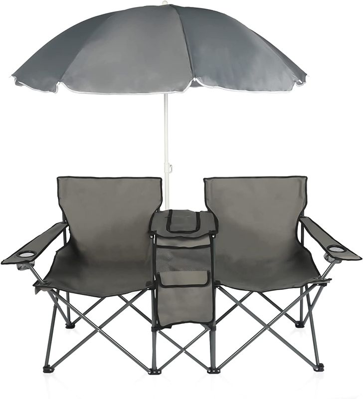 Photo 1 of  Double Portable Picnic Chair Folding Camping Chair W/Umbrella Table Beverage Holder Carrying Bag Cooler Fold Up Table for Patio Pool Park Outdoor Beach Camping Chair (Grey)