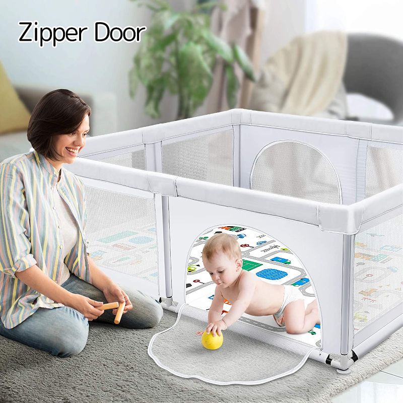 Photo 1 of Baby Playpen with Mat, 79x71 inches Extra Large Play Pens for Babies and Toddlers, Infants Playpen Gate Kids Safety Play Yard, Light Gray