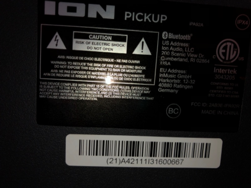 Photo 2 of ION Audio Pickup - 100-watt Water-Resistant Wireless Bluetooth Speaker with 75-Hour Rechargeable Battery, AM/FM Radio and Multi-Color Light Bar
