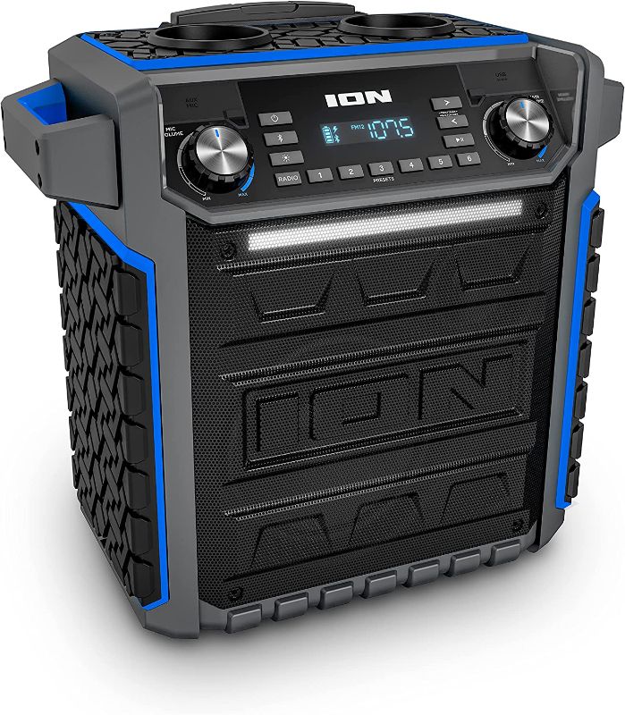 Photo 1 of ION Audio Pickup - 100-watt Water-Resistant Wireless Bluetooth Speaker with 75-Hour Rechargeable Battery, AM/FM Radio and Multi-Color Light Bar
