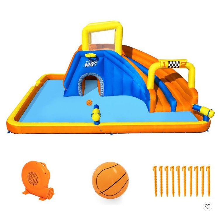 Photo 1 of Bestway H2OGO! 18 x 16.5 x 8.7 Foot Super Double Racing Slide Speedway Kids Inflatable Water Park with Air Blower, Ground Stakes, and Storage Bag

