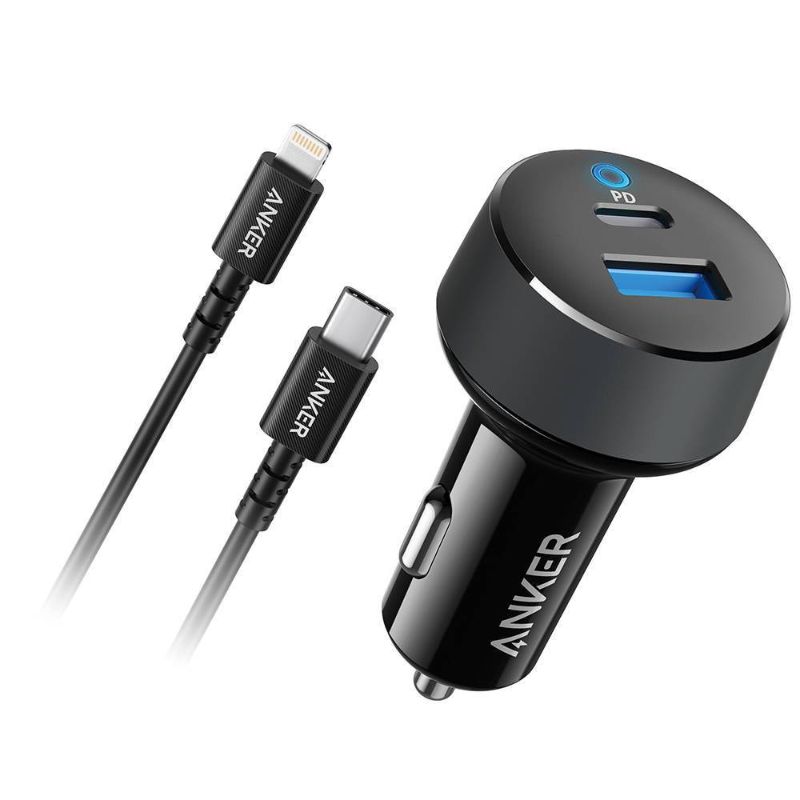 Photo 1 of Anker 2-Port PowerDrive 25.5W Power Delivery Car Charger (with 3' PowerLine Select Lightning to USB-C Cable) - Black
