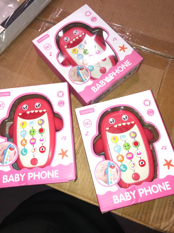 Photo 2 of 3 pack- Baby Shark Cell Phone Toy with Removable Teether Case, Light, Music & Adjustable Volume Kids Play & Learn 6-18 Months (Red)
